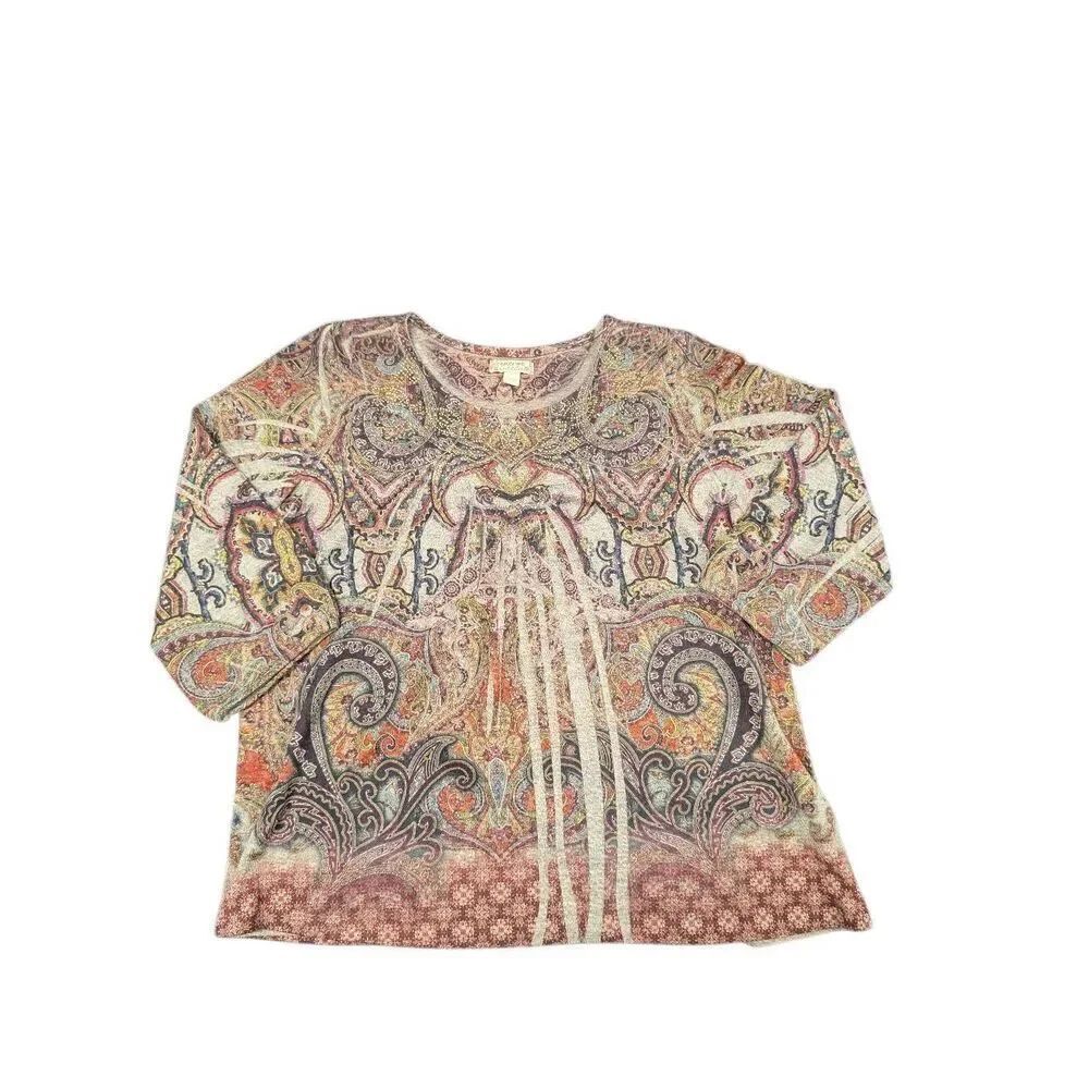 Energe World Colorful 3/4 Sleeve Boho Art to Wear Top Women's large